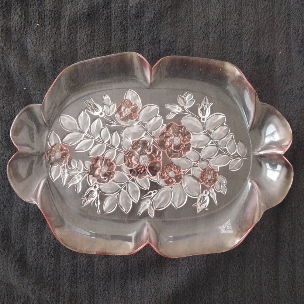 Vintage Mikasa Rosella Walther Crystal Pink Rose Floral Glass Platter Like New